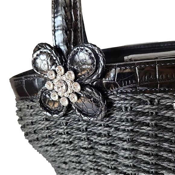 Brighton Twilight Straw Handbag Black Rhinestone Embellished Double Handles Tote - Picture 3 of 13